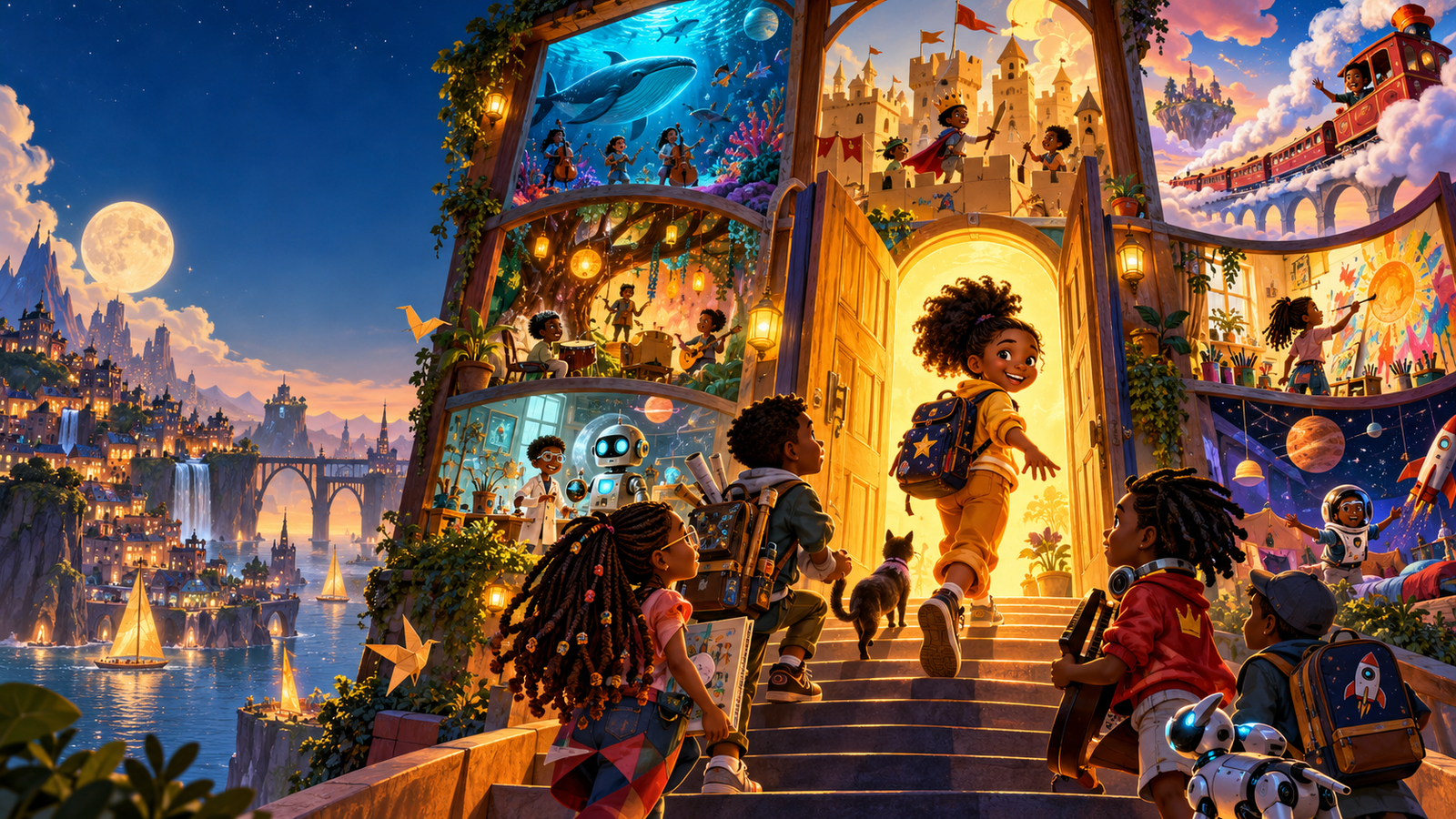 Children enter a giant magical house filled with music, art, inventions, stories, and adventures.